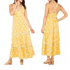RAGA Yellow Boho Midi Dress Pom Trim Tiered Sundress Size M